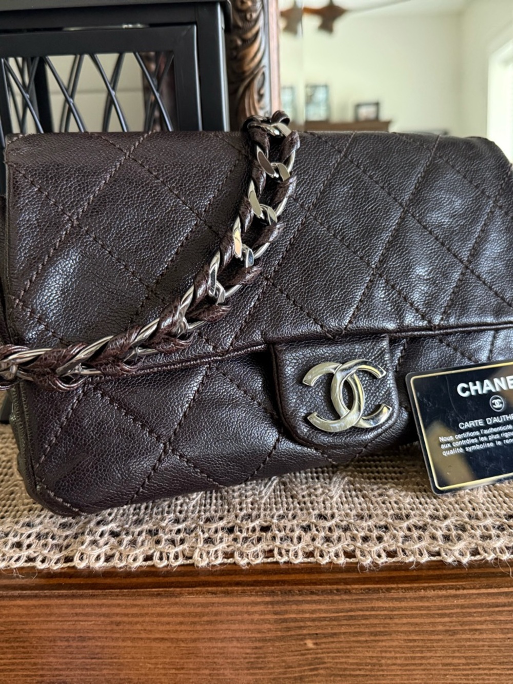 CHANEL Quilted Shoulder Bag in Dark Brown Leather with Silver-Tone Hardware